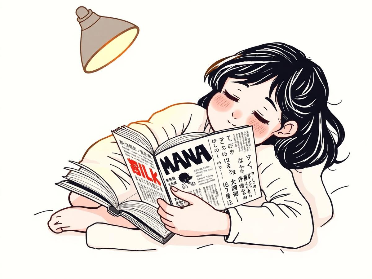 A reader curled up with a manga volume under warm lamp light